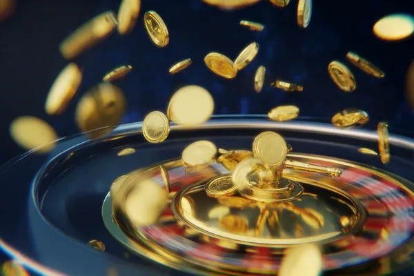 A glowing roulette wheel with cascading chips, symbolizing the engaging live and instant-win games available on F7 F7.